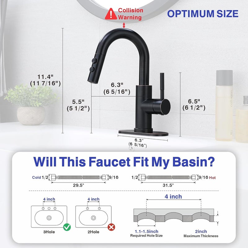 Kablle Bathroom Sink Faucet with Pull Down Sprayer, Oil Rubbed Bronze Single Handle Pull Out Faucet with Pop-Up Drain, 1 or 3 Hole Laundry Bar Basin Faucet with Deck Plate, KBL-7002ORB-CL - Image 5